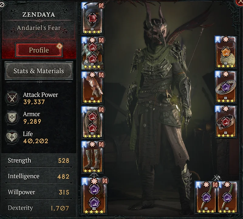 Diablo 4 Andariel's Einstich Jäger Stats